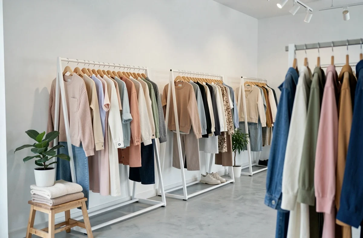 Intérieur épuré de la boutique MILOTA à La Roche-sur-Yon avec des vêtements de seconde main sélectionnés sur des portants géométriques