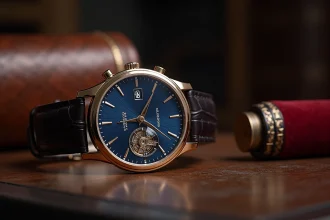Gros plan macro d'une montre mécanique de luxe avec cadran émail guilloché bleu marine et tourbillon visible sur surface en acajou