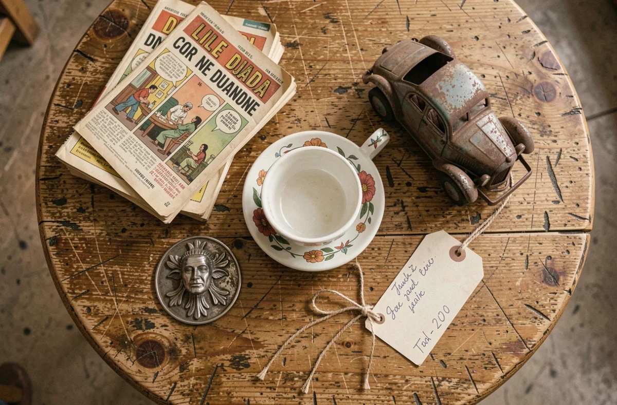 Sélection d'objets chinés sur une table en bois patiné dans une boutique djadja à Lille, incluant bijoux anciens, livres vintage et jouets rétro