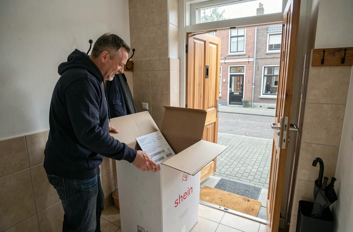 Homme ouvrant un colis Shein livré à domicile devant la porte d'une maison belge