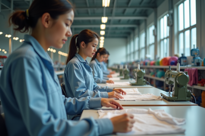 Groupe d'ouvriers textiles en atelier de fabrication