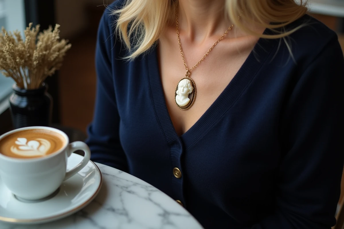 Pendentif camée ovale en or sur pull cachemire bleu marine, femme assise dans un café au décor vintage