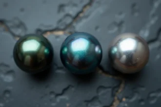 Trois perles de Tahiti côte à côte sur ardoise grise montrant différentes couleurs et lustres naturels