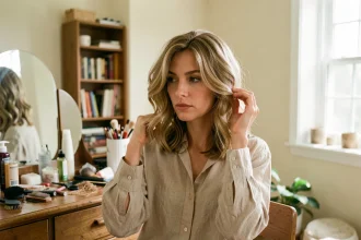 Femme ajustant une perruque coupe mulet devant un miroir de coiffeuse, examinant la ligne de cheveux pour un rendu naturel