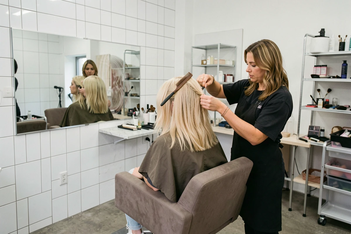 Maquilleuse coiffant une perruque coupe mulet blonde sur une cliente dans un studio professionnel, pour un résultat photo réaliste et soigné