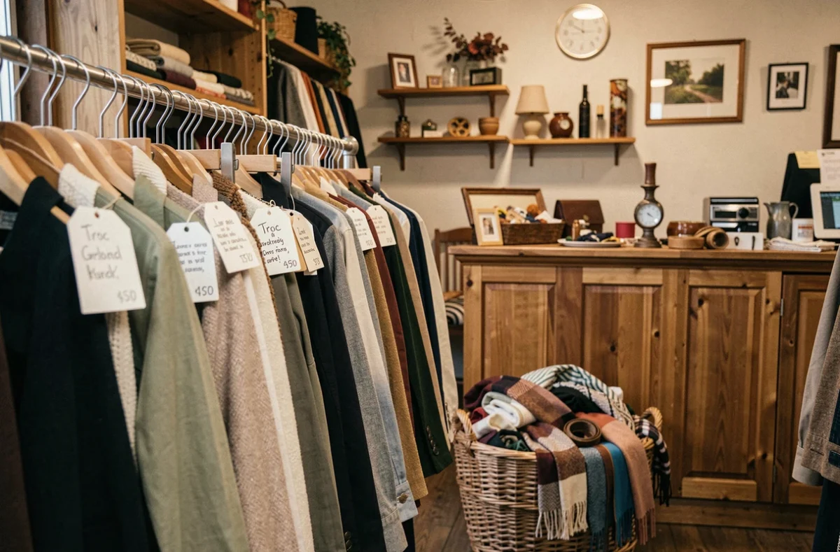 Intérieur soigné du Petit Troc à La Roche-sur-Yon avec des vêtements d'occasion bien rangés sur des portants