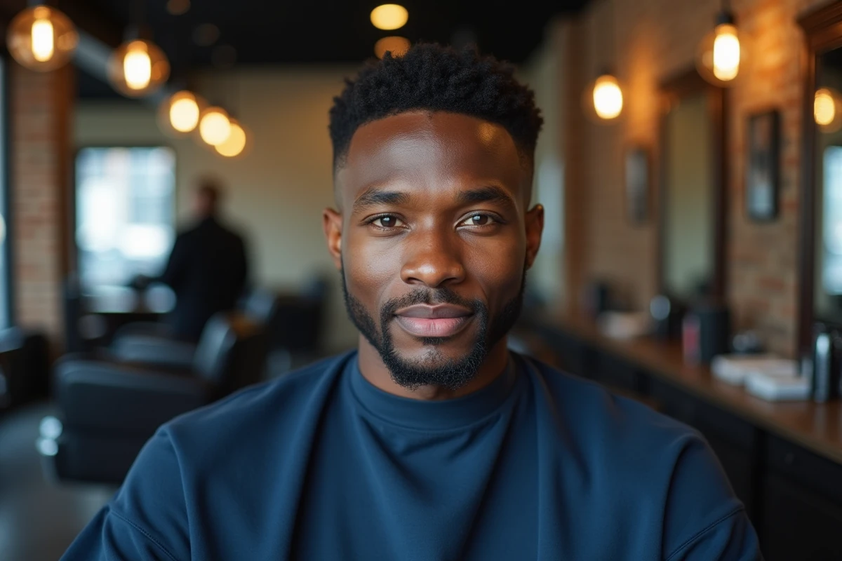 Portrait d'un homme avec un taper bas dégradé américain impeccable en salon de coiffure moderne