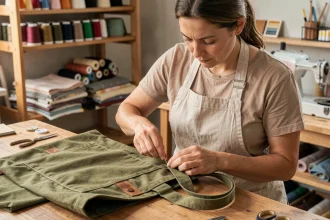 Femme cousant à la main une sangle pour banane sur un sac déjà cousu dans un atelier de couture artisanal