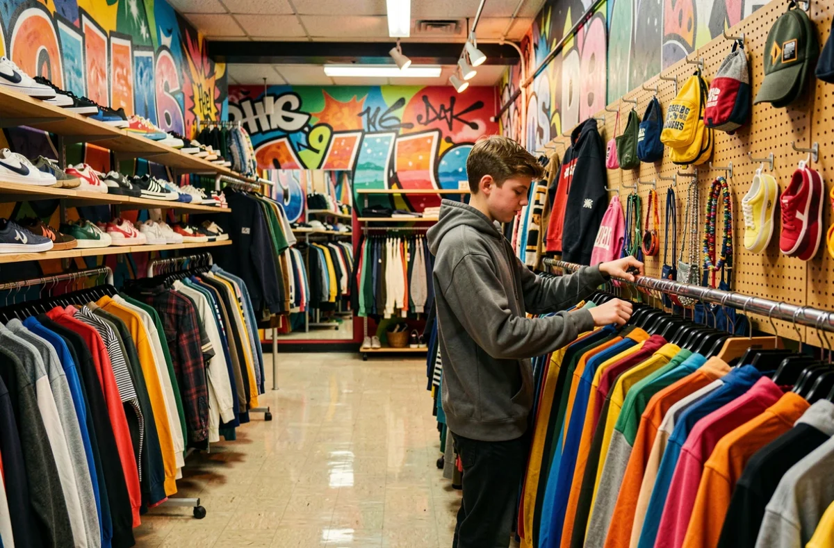 Adolescent parcourant les portants de Power Frip Fashion, friperie tendance streetwear