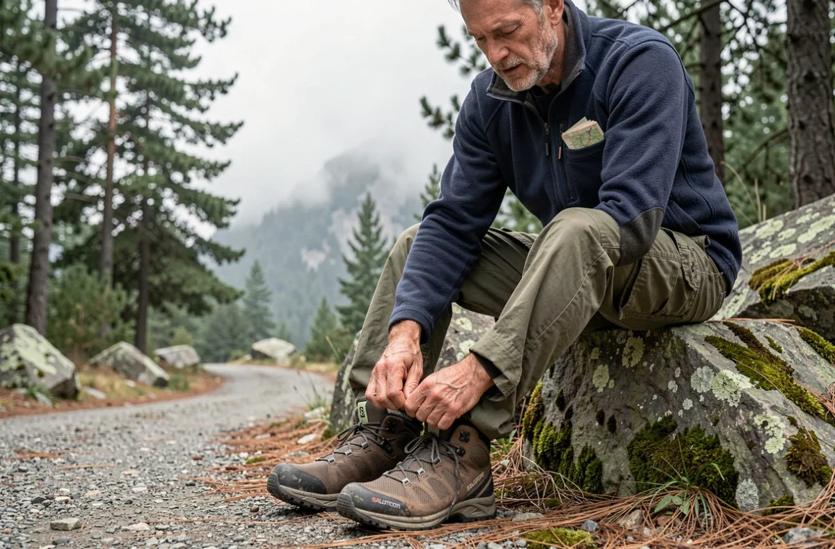 Randonneur ajustant ses chaussures Salomon sur un sentier de montagne pour un meilleur maintien