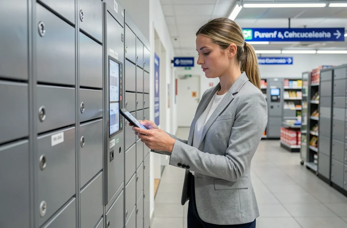 Femme récupérant un colis Shein dans un point relais avec consignes automatiques en Belgique