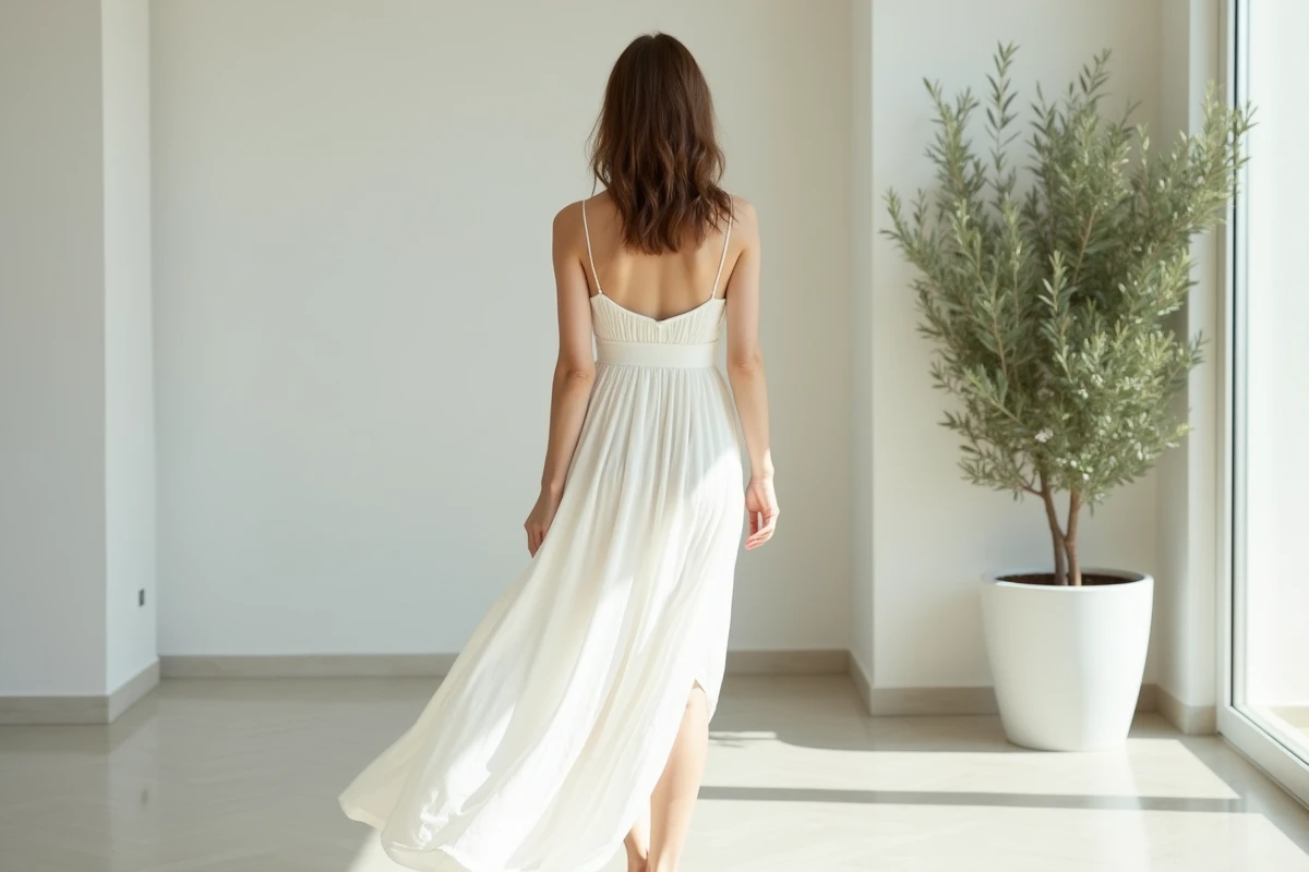 Femme en robe blanche longue et élégante posant près d'une grande fenêtre dans un appartement moderne minimaliste