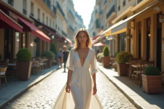 Femme élégante portant une longue robe blanche fluide dans une rue pavée parisienne, style city chic