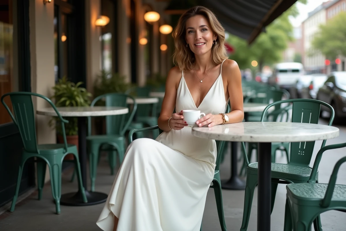 Femme chic en longue robe blanche fluide attablée à une terrasse de café urbain avec une tasse d'espresso