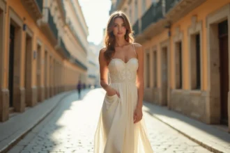 Femme portant une robe bustier longue blanche en satin dans une rue pavée européenne, style éditorial élégant