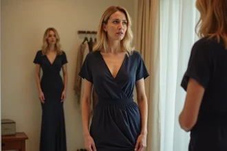 Femme essayant une robe de cocktail mal ajustée dans une cabine de boutique, illustrant les erreurs de coupe qui vieillissent la silhouette