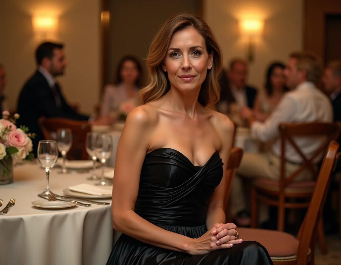 Femme portant une robe de cocktail noire au tissu brillant et froissé lors d'une soirée, montrant les erreurs de style qui alourdissent la silhouette