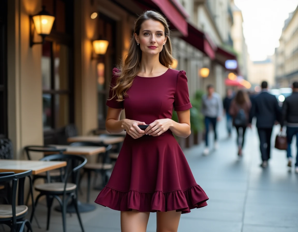 Femme en robe de cocktail bordeaux à volants excessifs dans une rue parisienne, illustrant les détails décoratifs qui vieillissent une tenue de soirée