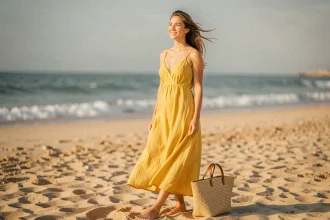 Femme en robe d'été jaune en lin sur la plage, look décontracté bord de mer avec sac en paille