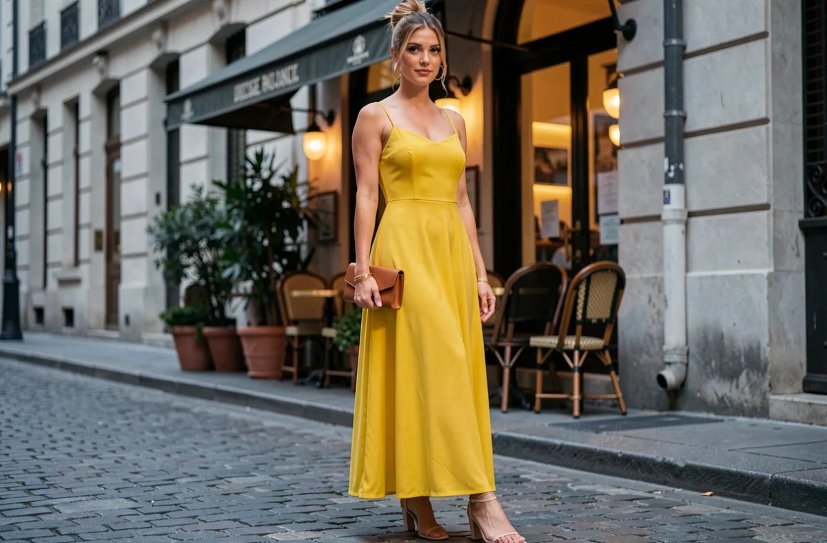 Femme en robe jaune d'été stylée pour une soirée en ville à Paris, avec sandales à talons et clutch en cuir