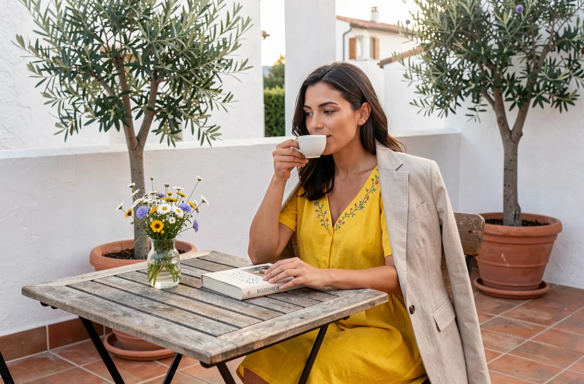 Femme en robe d'été jaune avec blazer en lin sur une terrasse méditerranéenne, transition look plage vers soirée