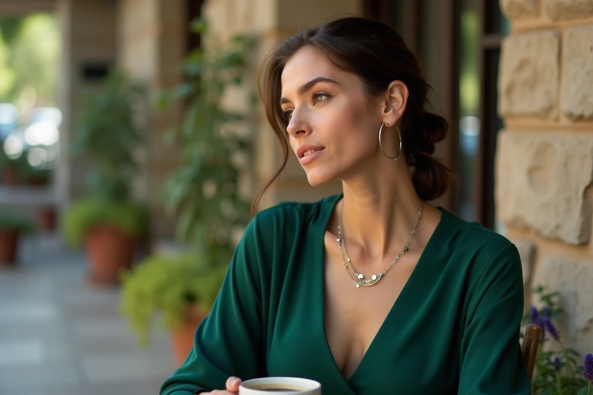 Femme en robe verte portant des bijoux argentés en terrasse de café par temps nuageux