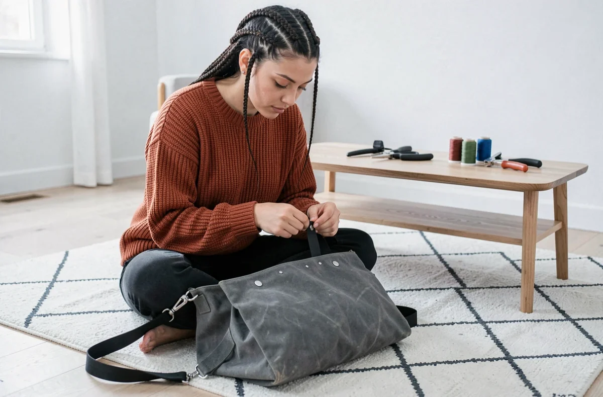 Jeune femme inspectant une sangle rivée sur un sac banane en toile cirée dans un intérieur scandinave
