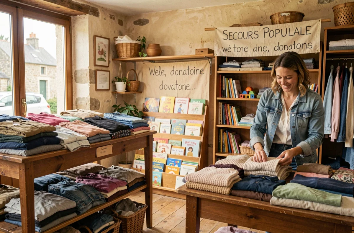 Boutique du Secours Populaire à Saint-Gilles-Croix-de-Vie avec des vêtements et jouets d'occasion arrangés par des bénévoles