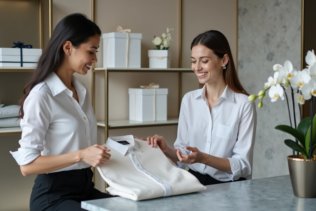 Service après-vente d'une maison de couture à Nice, présentation de vêtements et de tissus à une cliente