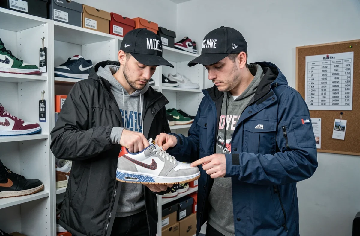 Deux collectionneurs de sneakers inspectent une paire en édition limitée dans une sneaker room