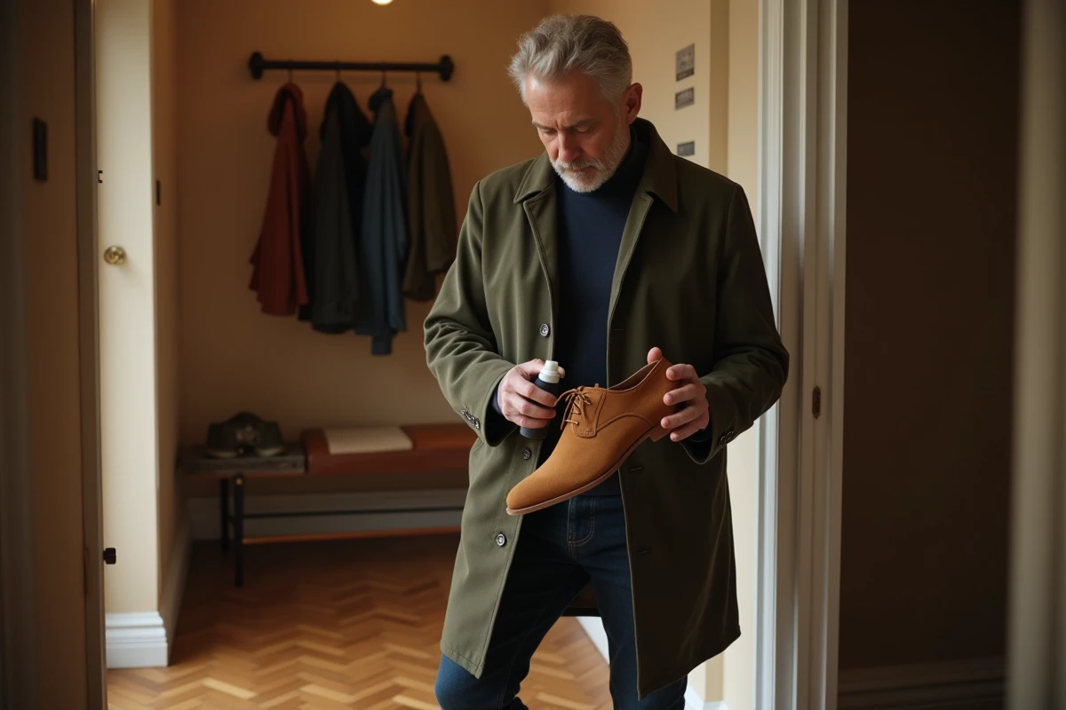 Homme appliquant un spray protecteur sur des chaussures oxford en daim camel dans l'entrée d'un appartement moderne