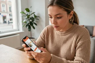 Jeune femme consultant le suivi de colis Shein sur smartphone dans un appartement belge moderne