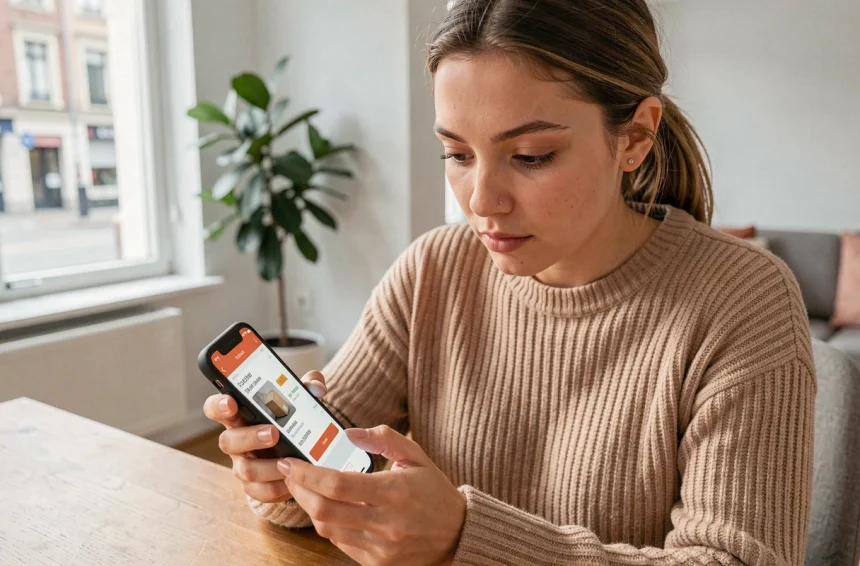 Jeune femme consultant le suivi de colis Shein sur smartphone dans un appartement belge moderne