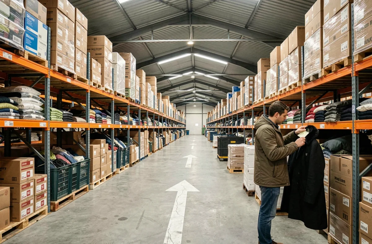 Intérieur du magasin Super Destockage avec ses rayons de vêtements et articles en stock massif