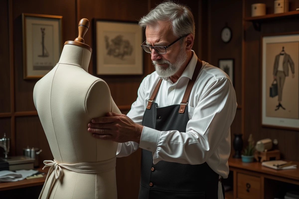 Tailleur mesurant un costume dans un atelier traditionnel