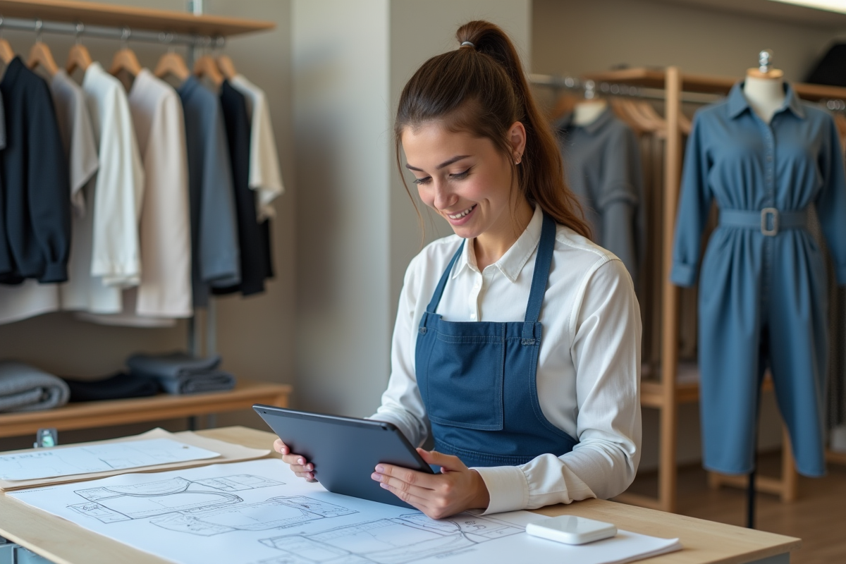 Jeune technicienne textile étudie un patron sur tablette