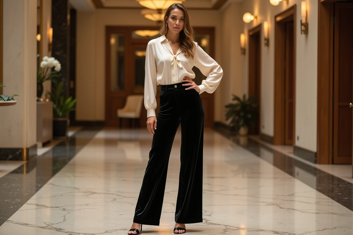 Femme en pantalon velours noir et blouse ivoire pour une tenue de réveillon chic et sophistiquée