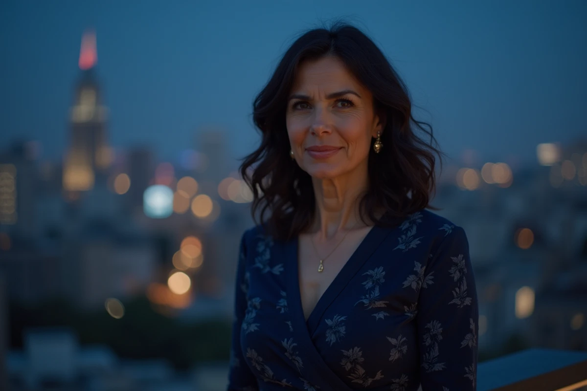 Femme élégante en robe portefeuille bleu nuit sur une terrasse pour le réveillon du nouvel an en ville