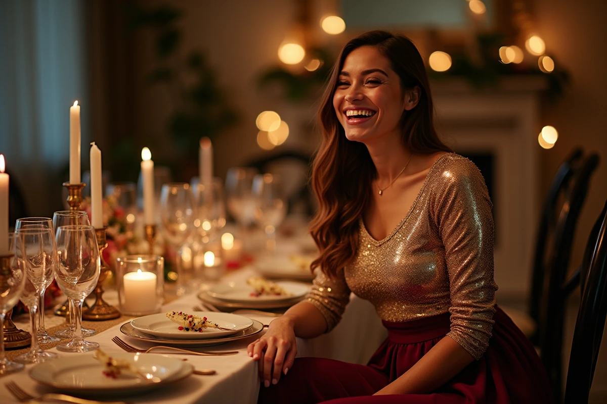 Femme en top sequins doré et jupe bourgogne assise à une table de réveillon festive et élégante