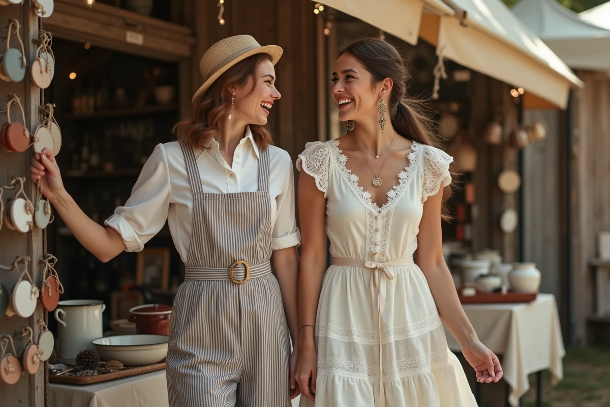 Deux femmes en déguisements guinguette vintage qui rient ensemble devant un étal de vêtements rétro au marché