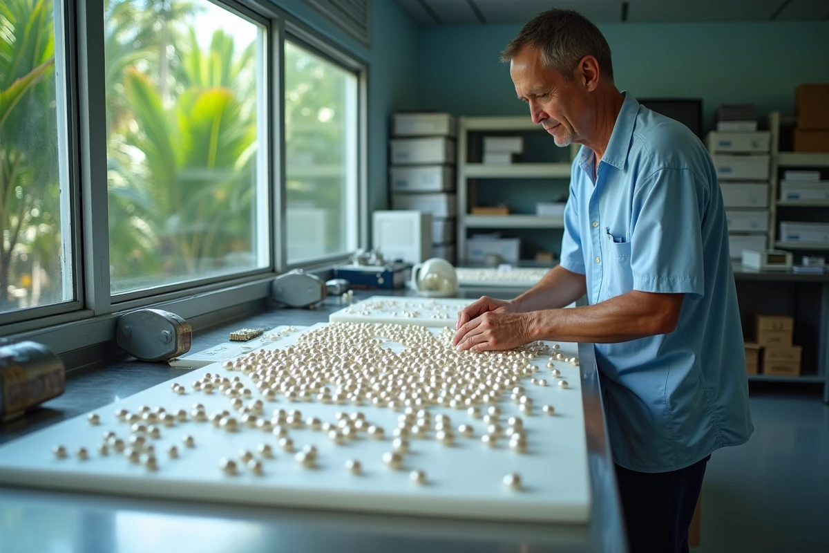 Technicien triant des perles de Tahiti par taille sur une table de calibrage dans un centre de classement en Polynésie française