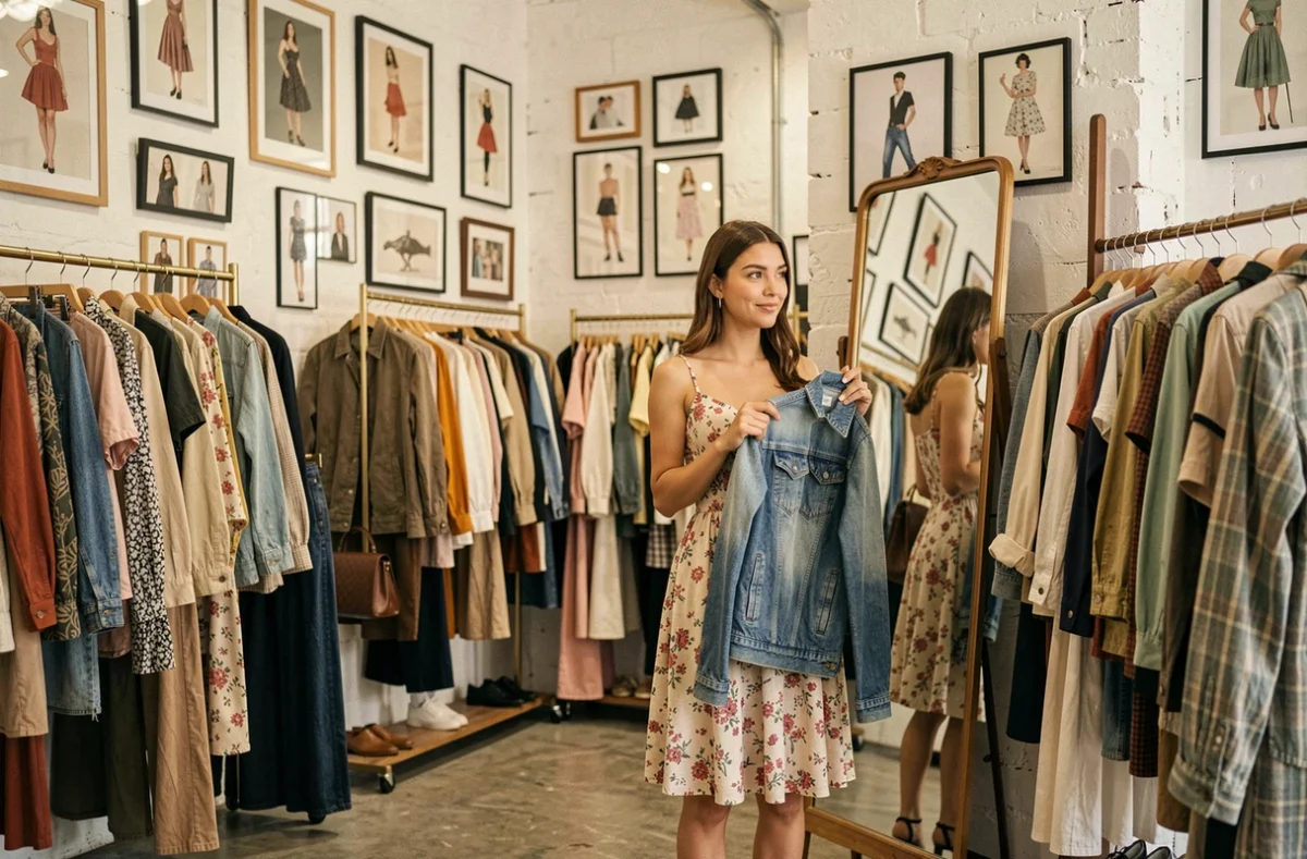 Cliente essayant une veste en jean vintage dans la boutique Un R de Mode