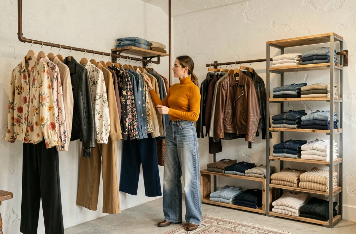 Boutique de friperie vintage Une Nouvelle Histoire à Meaux avec une cliente parcourant des vêtements rétro