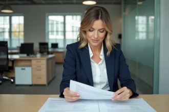 Une professionnelle vérifiant les documents légaux et le numéro SIRET d'une entreprise dans un bureau moderne