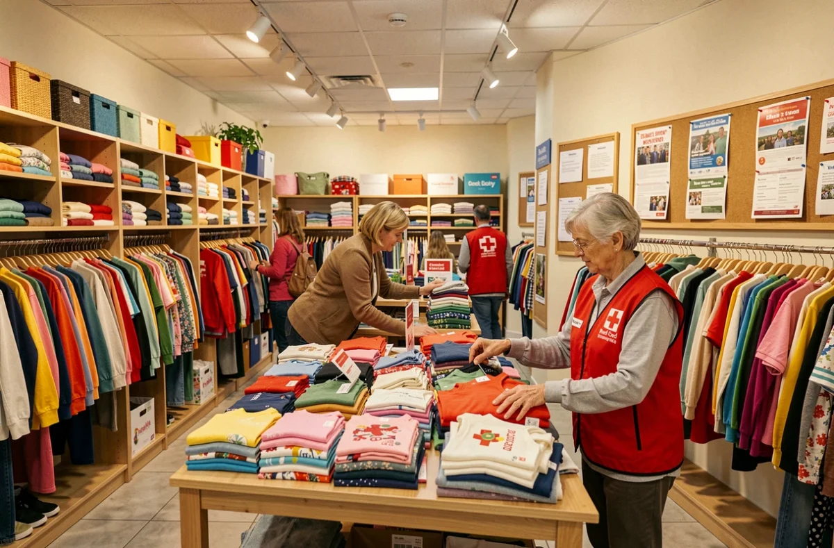 Bénévole de la Croix-Rouge aidant une cliente à la Vesti'boutique de Berck