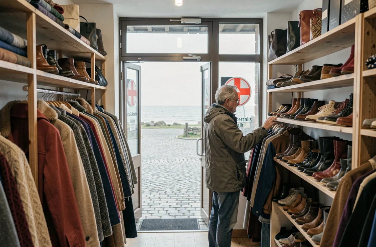 Client feuilletant des manteaux d'occasion à la Vesti'boutique Croix-Rouge d'Étaples