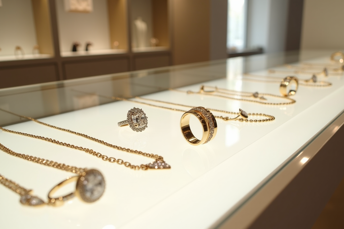 Vitrine lumineuse de bijoux en or et argent élégants