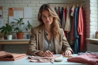 Femme créative examine des échantillons de tissu dans un studio